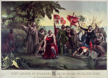 Die erste Landung von Kolumbus an den Ufern der Neuen Welt in San Salvador, 12. Oktober 1492, veröffentlicht von Currier und Ives